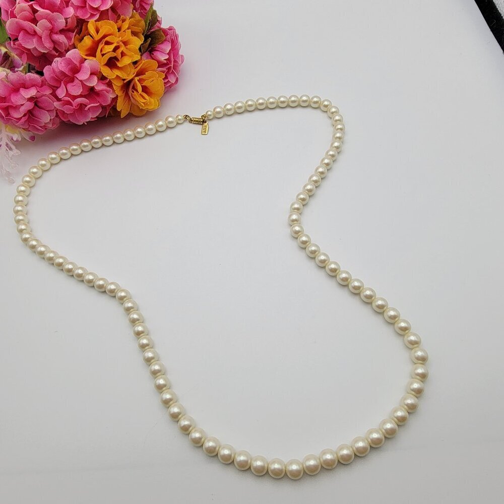 Vintage 1928 Cream Faux Pearl Necklace 31 Inch Gold Tone Barrel Clasp 8mm